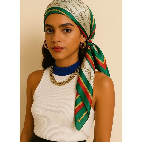 100% Silk Scarf Women Small Bandana Vintage Neckerchief Turban 26''x26 Green Red - Picture 1 of 6